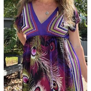 Bailey Blue Vintage Y2K Poly Knit Stretch Dress with Peacock Pattern